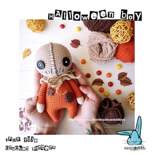 Amigurumi Halloween boy crochet pattern. DIY scary Halloween doll. Languages: English, Danish, German, French, Spanish