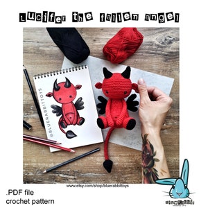 Amigurumi Devil crochet pattern. Lucifer, Fallen Angel. DIY hell crochet toy.  Languages:  English, Danish, French, German, Spanish