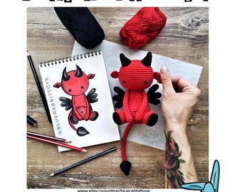 Amigurumi Devil crochet pattern. Lucifer, Fallen Angel. DIY hell crochet toy.  Languages:  English, Danish, French, German, Spanish