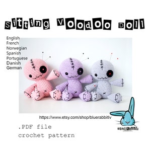 Amigurumi Sitting Voodoo Doll crochet pattern. DIY scary, creepy doll. Languages: English, Danish, French, German, Norw, Spanish, Portug.