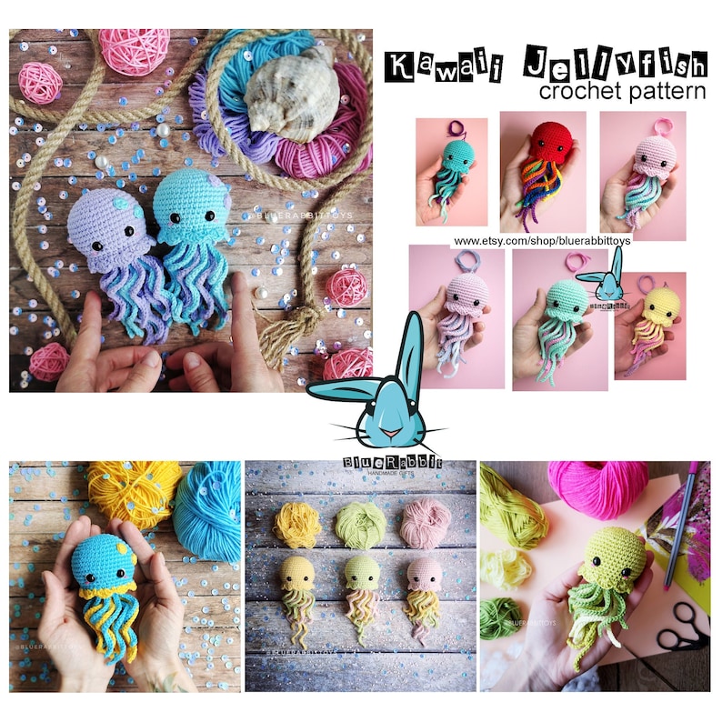 May include: A crochet pattern for a Kawaii Jellyfish featuring multiple images of small, handmade jellyfish toys in various colors including blue, purple, red, pink, yellow, and green, with curly tentacles and black eyes, plus text labels.