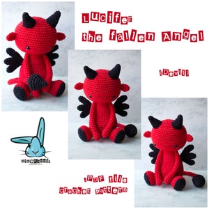 Puede incluir: Patr&oacute;n de crochet para un juguete amigurumi de diablo rojo y negro. El patr&oacute;n se llama "Lucifer el &aacute;ngel ca&iacute;do" y est&aacute; disponible para descargar en PDF.