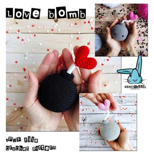 Puede incluir: Un patr&oacute;n de ganchillo en archivo PDF titulado Love Bomb que muestra una bomba amigurumi esf&eacute;rica con una mecha blanca y una parte superior en forma de coraz&oacute;n rojo o rosa. El dise&ntilde;o incluye un cuerpo tejido en negro o gris y un logo de conejo azul.