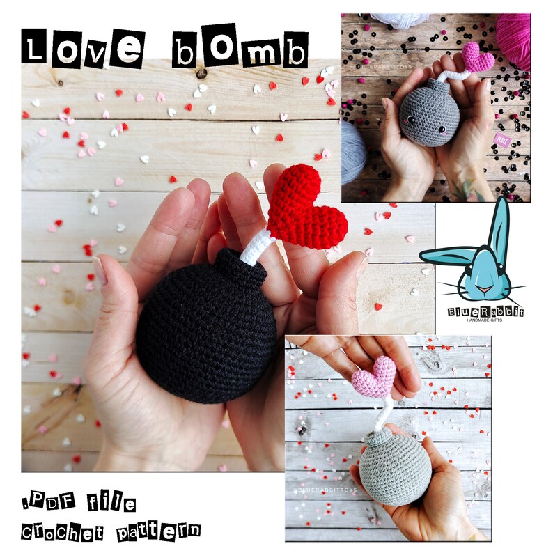 Puede incluir: Un patr&oacute;n de ganchillo en archivo PDF titulado Love Bomb que muestra una bomba amigurumi esf&eacute;rica con una mecha blanca y una parte superior en forma de coraz&oacute;n rojo o rosa. El dise&ntilde;o incluye un cuerpo tejido en negro o gris y un logo de conejo azul.