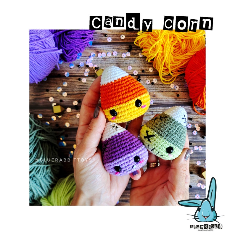 Candy Corn Trio crochet amigurumi pattern listing photo by BlueRabbitToys
