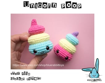 Amigurumi Unicorn poop, poo crochet pattern. Mini, funny, no sew amigurumi. Digital file. Languages: English, Danish, Dutch, French, Spanish