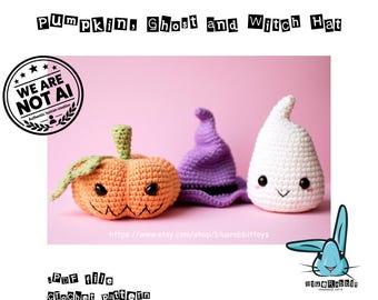 Pode incluir: Três itens de crochê rotulados como Pumpkin, Ghost and Witch Hat. Uma abóbora laranja com caule e folha verdes, um chapéu de bruxa roxo com faixa preta e um fantasma branco com olhos pretos e bochechas rosadas. É um padrão de crochê em PDF.