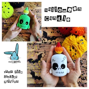 Amigurumi Halloween candle crochet pattern. DIY scary, creepy candle toy. Languages: English, Spanish, French.