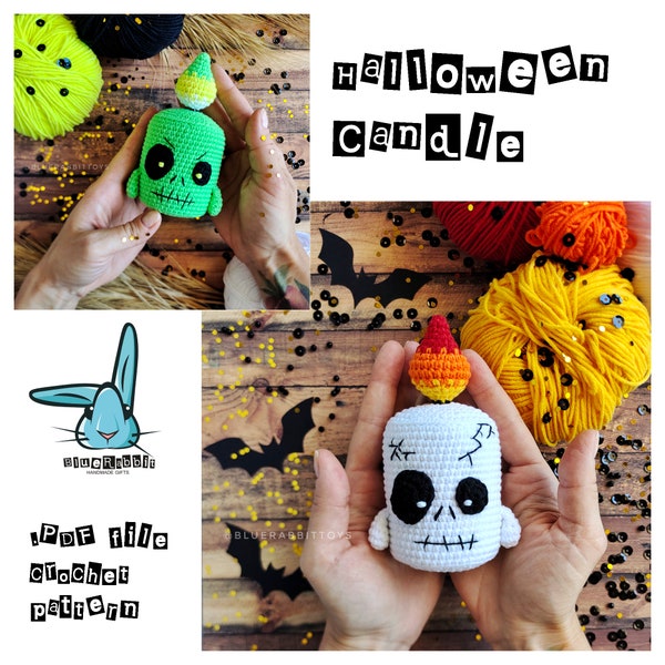 Amigurumi Halloween candle crochet pattern. DIY scary, creepy candle toy. Languages: English, Spanish, French.