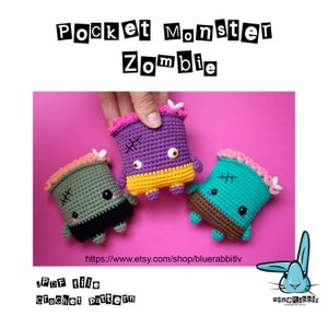 Puede incluir: Patrón de crochet para un monstruo de bolsillo zombie. El patrón incluye tres monstruos de diferentes colores: morado, verde y azul. El patrón está disponible para descargar en PDF.