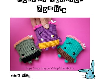 Amigurumi zombie crochet pattern. Pocket Monster Zombie. Halloween pattern. Languages: English, Danish, French, German, Norwegian, Spanish