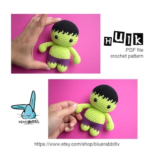 Amigurumi green superhero doll pattern. Crochet pattern. Languages: English, Danish, French, Norvegian, Swedish