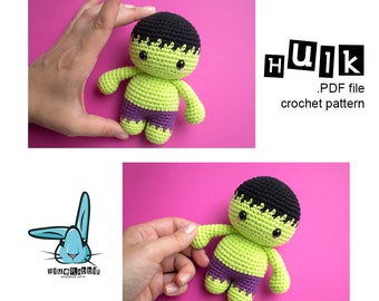 Amigurumi green superhero doll pattern. Crochet pattern. Languages: English, Danish, French, Norvegian, Swedish