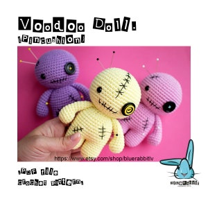 May include: Three crocheted voodoo dolls in purple, yellow, and pink, with black button eyes and stitched mouths. Each doll has pins sticking out of its head, making them pincushions. The dolls are on a pink background. The text "Voodoo Doll (Pincushion)" is at the top of the image. The text "PDF file Crochet pattern" is at the bottom of the image. The text "https://www.etsy.com/shop/bluerabbitlv" is in the middle of the image.