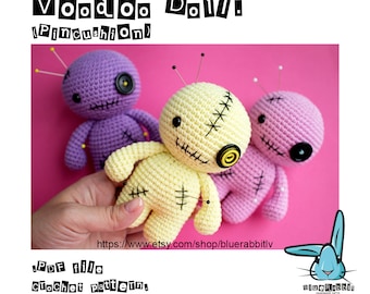 Amigurumi voodoo doll pattern. Crochet pattern.  Languages: English, Danish, French, German,  Norwegian, Spanish, Portuguese