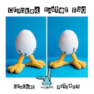 May include: A crocheted Easter egg with a cracked design, featuring yellow chicken feet. The egg is white, with black accents. The text "Cracked Easter Egg" and "Crochet pattern" are displayed.