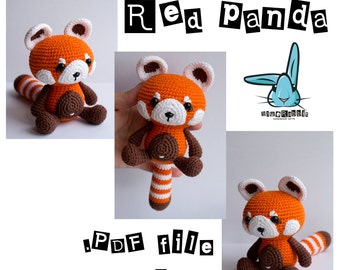 Amigurumi red panda crochet pattern.  DIY crochet animal toy. PDF file. Languages: English, Spanish, French