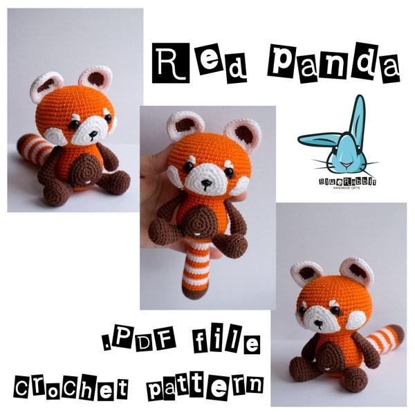 Amigurumi red panda crochet pattern.  DIY crochet animal toy. PDF file. Languages: English, Spanish, French