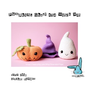 May include: A crochet pattern for a pumpkin, ghost, and witch hat. The pattern is available as a PDF download. The image shows the finished crocheted items on a pink background.