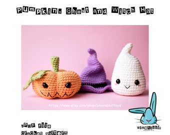 Amigurumi pumpkin, ghost and witch hat crochet pattern. Halloween crochet. Languages: English, Danish, French, German, Spanish, Norwegian.