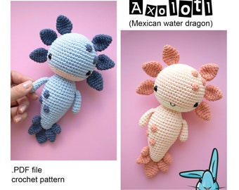 Amigurumi Axolotl crochet pattern. DIY Mexican water dragon toy. Languages: English, Danish, French, German, Spanish, Portuguese, Norwegian