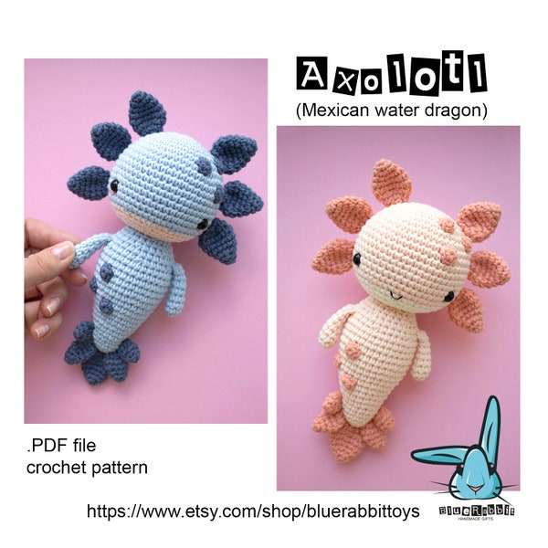 Amigurumi Axolotl crochet pattern. DIY Mexican water dragon toy. Languages: English, Danish, French, German, Spanish, Portuguese, Norwegian