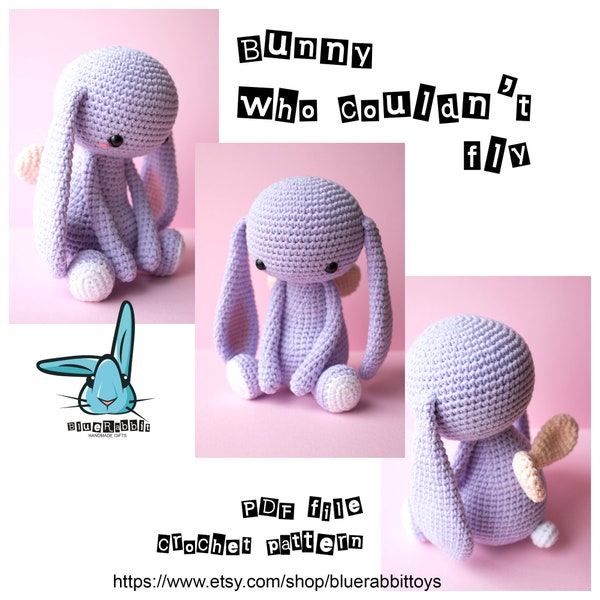 Amigurumi bunny crochet pattern. DIY Rabbit with wings crochet toy. Languages: English, Danish, German,  French, Spanish