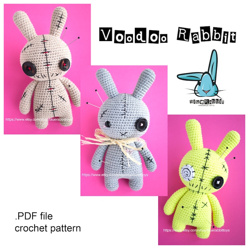 Amigurumi voodoo rabbit crochet pattern. Languages: English, Danish, French, German, Spanish 