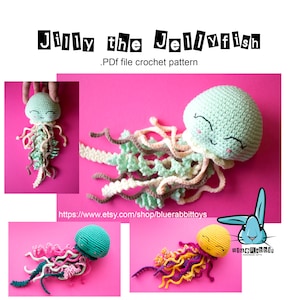 Amigurumi Jilly the Jellyfish crochet pattern. No sew. Summer jellyfish toy. Languages: English, Danish,French, German, Norwegian, Spanish