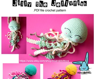 Amigurumi Jilly the Jellyfish crochet pattern. No sew. Summer jellyfish toy. Languages: English, Danish,French, German, Norwegian, Spanish