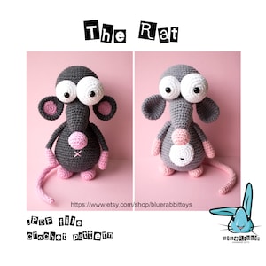 Wzór szydełkowy Amigurumi Funny Rat. Kreskówkowy szczur, zabawna zabawka zwierzęca. Języki: angielski, duński, francuski, niemiecki, hiszpański, norweski