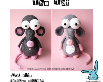 Amigurumi grappige rat haakpatroon. Cartoon rat, grappig dierlijk speelgoed. Talen: Engels, Deens, Frans, Duits, Spaans, Noors