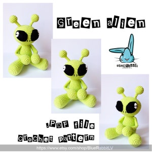 Amigurumi alien crochet pattern. DIY Green alien toy.  Language: English, Danish, French,  Swedish.