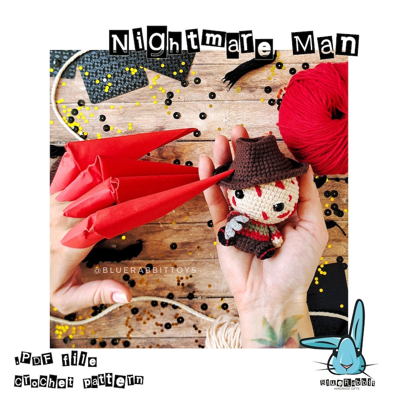 Peut inclure: Patron de crochet pour un personnage de Nightmare on Elm Street, Freddy Krueger. Le patron comprend un peloton de laine rouge, une poup&eacute;e Freddy Krueger au crochet et une griffe en papier rouge. Le texte sur l'image est "Nightmare Man" et "PDF file crochet pattern".