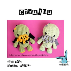 Amigurumi Cthulhu crochet pattern. Cthulhu demon pattern. Creepy & cute, sea monster. Languages: English, Danish,  French, Spanish, Portug.