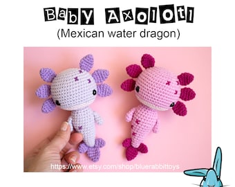 Amigurumi Axolotl crochet pattern. Mexican water dragon. Cute baby axolotl. Languages: English, Danish, Portuguese, Spanish, Norwegian