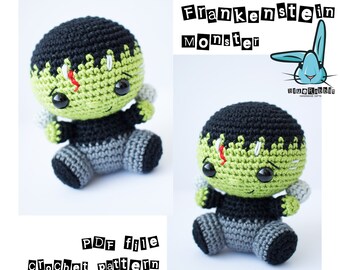 Amigurumi Frankenstein Monster crochet pattern. Monster toy.  Languages: English, French,  Danish, Norwegian, Swedish