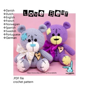 Amigurumi bear crochet pattern. Valentines day. Languages: English, French, Dutch, German, Spanish, Norwegian, Portuguese, Danish, Swedish imagem 1