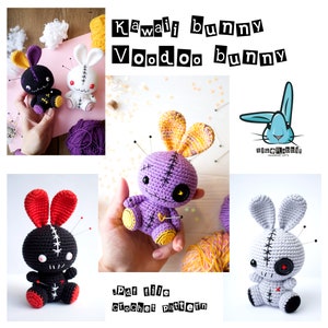 Amigurumi voodoo bunny crochet pattern. Creepy, cute, scary zombie rabbit pattern. DIY. Languages: English, German, Spanish, French