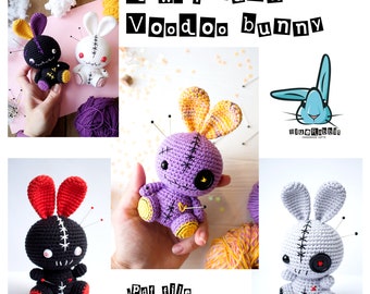 Amigurumi voodoo bunny crochet pattern.  Creepy, cute, rabbit pattern. DIY crochet toy Languages: English, German, Spanish, French