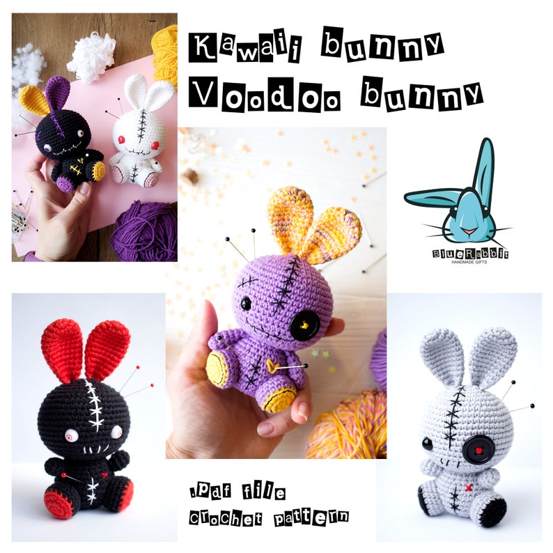 May include: A crochet pattern for a kawaii voodoo bunny. The pattern includes instructions for making a purple, black, and gray bunny with a stitched-up face and pins. The pattern is available as a PDF download.