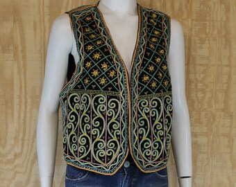 Vintage 1960's 70's India Cotton Velvet Soutache Embroidered Hippie Gypsy Waist Coat Vest One Size Medium Large M / L
