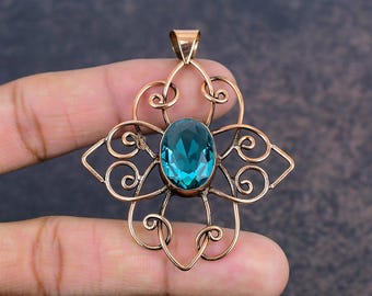 Blue Topaz Wire Wrapped Pendant, Handmade Copper Gemstone Necklace, Boho Crystal Jewelry Gift for Her