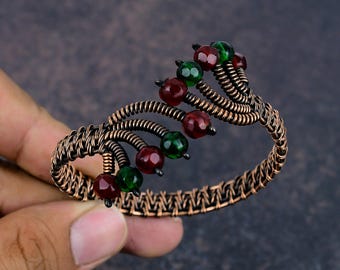 Emerald and Ruby Adjustable Bangle Handmade Copper Wire Wrapped Bracelet Jewelry Gift for Her