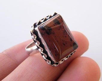 Brown Mahagony Jasper Sterling Silver Overlay Ring Size 8 US Handmade Jewelry Ancient