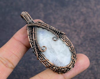 Moonstone Wire Wrapped Pendant, Handmade Copper Gemstone Necklace, Boho Crystal Jewelry Gift for Her