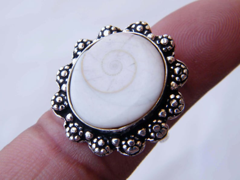 Beautiful Designer Ring Bohemian Style White Shell Ring 9 USA Shiva Eye Ring Silver Overlay Handmade Ring Statement Ring Size