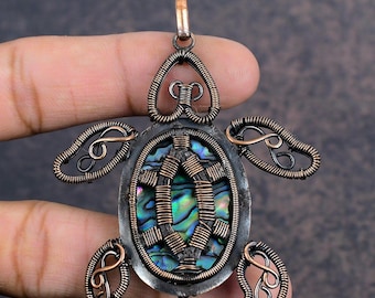 Abalone Shell Sea Turtle Pendant, Copper Wire Wrap Necklace, Handmade Gemstone Animal Jewelry, Antique Gift for Her