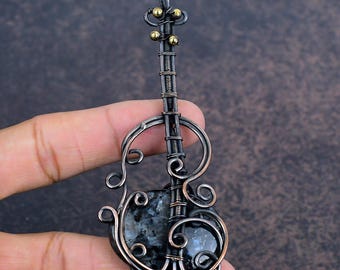 Larvikite Wire Wrap Pendant, Copper Wire Wrapped Jewelry, Handmade Guitar Necklace, Spiritual Gemstone Pendant, Unique Gift for Her
