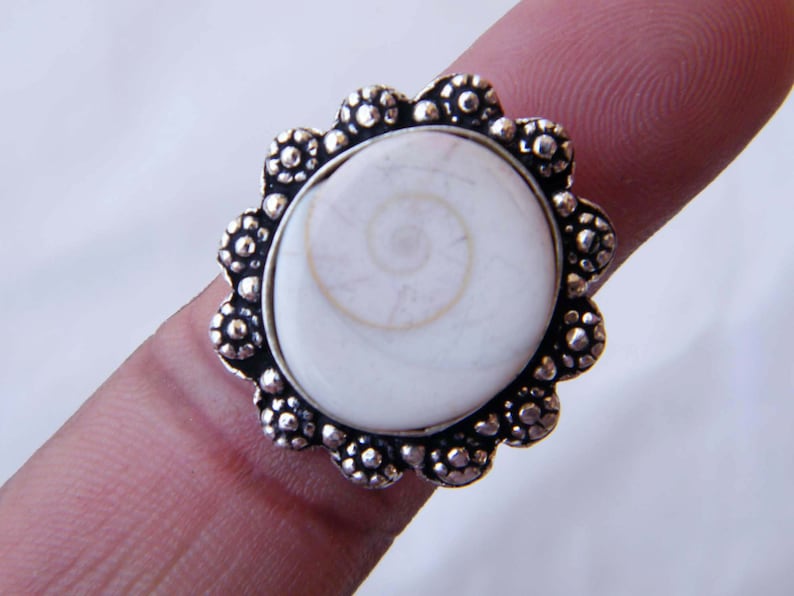 Beautiful Designer Ring Bohemian Style White Shell Ring 9 USA Shiva Eye Ring Silver Overlay Handmade Ring Statement Ring Size